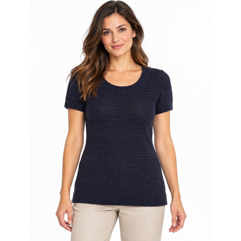 NWT Gap Women Small Navy Blue Textured Knit Short Sleeve Keyhole Back Sweater